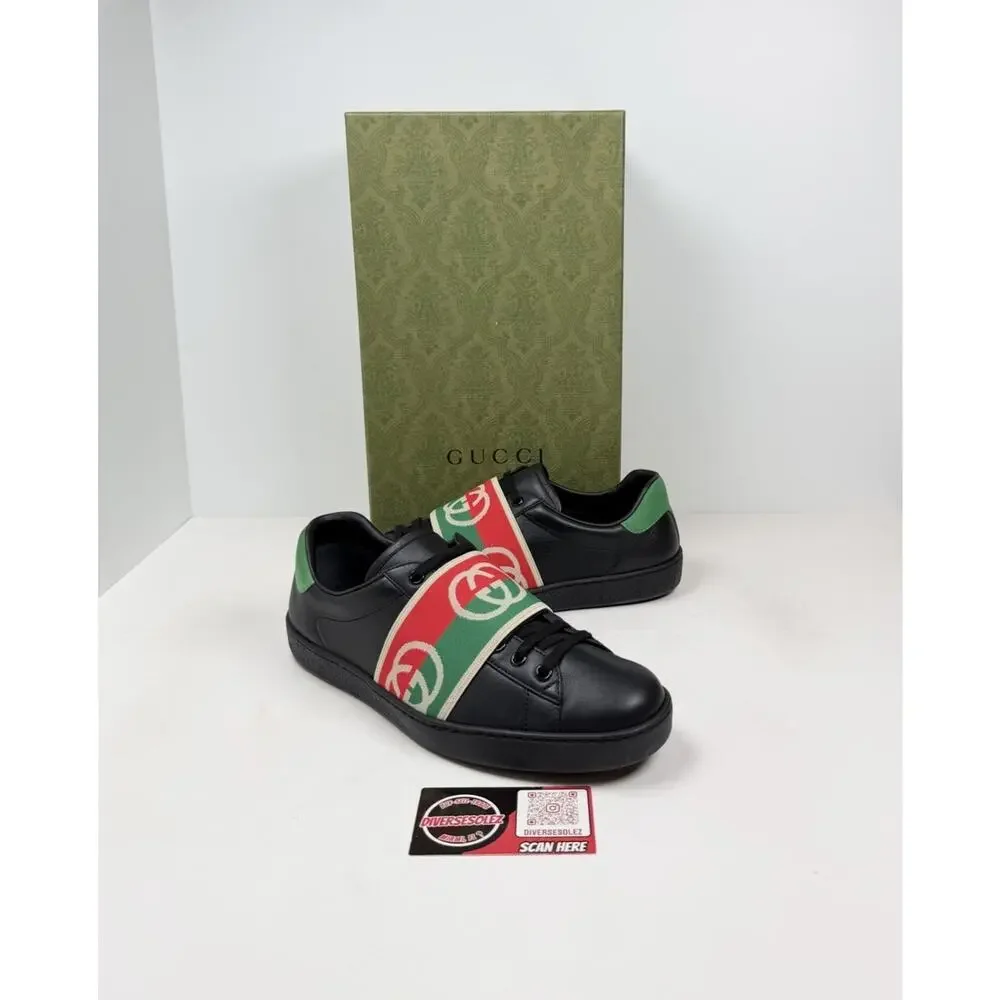 Size 8US - Gucci Ace Elastic Web Leather Sneakers💚 RETAIL $850!